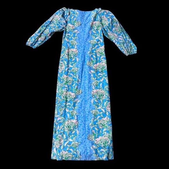 Lilly Pulitzer XXS Blue Green Floral Barbara Maxi Dress Puff 3/4 Sleeves READ - Picture 3 of 12